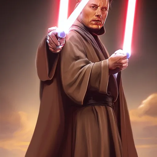 Image similar to elon musk jedi master in brown robe, style of Raymond Swanland, cinematic, artstation