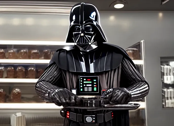 Image similar to film still of Darth Vader working as a chocolatier in the new Star Wars movie, 4k