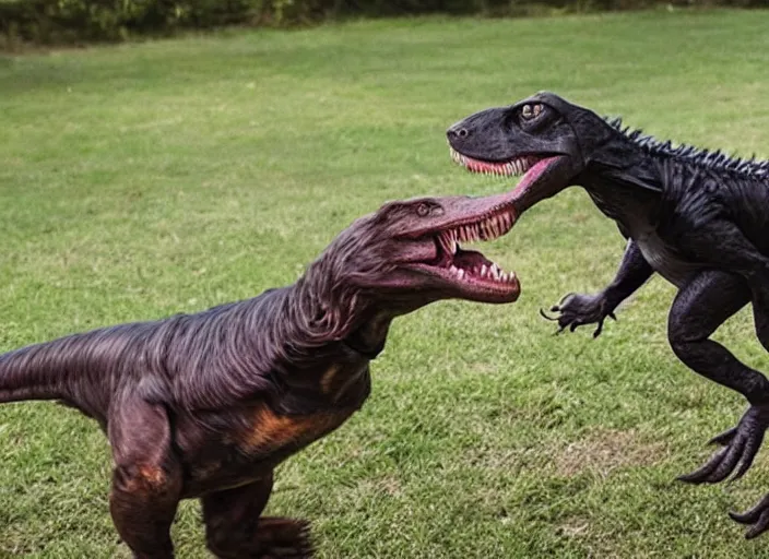 Prompt: photo of a dog playing with a velociraptor