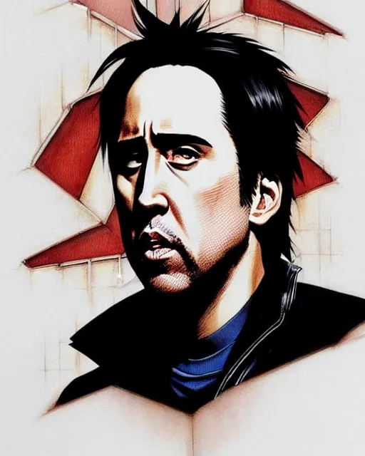 Image similar to portrait Anime Nicholas cage eating burger smoking Sharp fine face, pretty face, realistic shaded Perfect face, fine details. Anime. cyberpunk realistic shaded lighting by katsuhiro otomo ghost-in-the-shell, magali villeneuve, artgerm, rutkowski Jeremy Lipkin and Giuseppe Dangelico Pino and Michael Garmash and Rob Rey