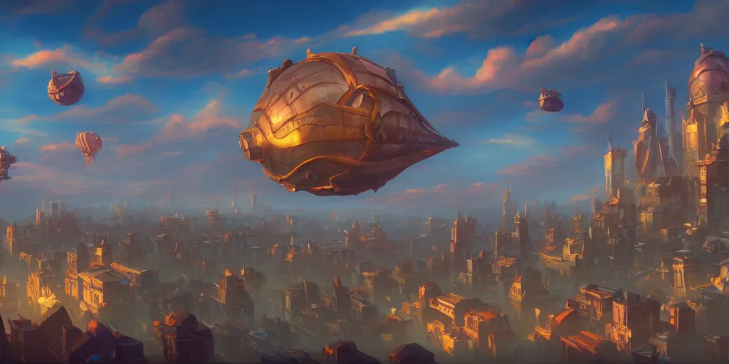 Image similar to a city in the style of piltover from arcane, blimps in the sky, blue skies, soft clouds, trending on artstation