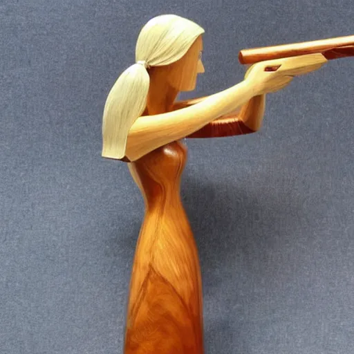 Image similar to wooden sculpture of a thin blonde lady holding a gun, polished maple, thoughtful, elegant, real