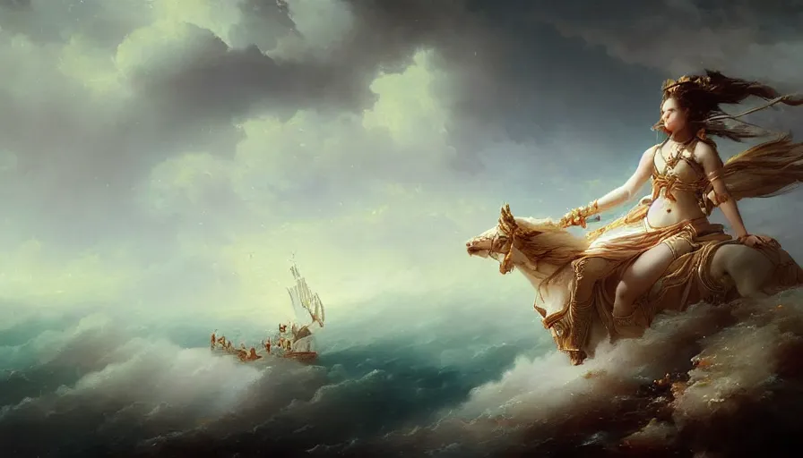 Prompt: 8 k art photography shot art shot, hyperrealistic, hyperdetailed, super detailed, uhd, uhd, 8 k, high resolution, goddess of war floating over the oceans with baroque clouds, painting by ross tran and ivan aivazovsky