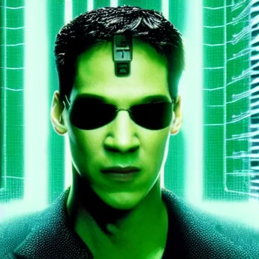 Prompt: plug on Neo\'s neck for logging into the matrix