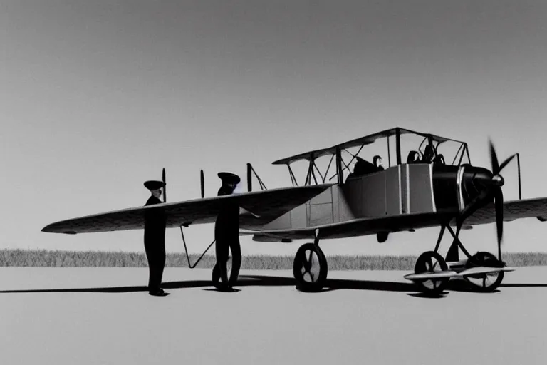 Image similar to still photo of the wright brothers taking off an airplane for the first time, black and white color photograph, highly detailed, photorealistic shot, bright studio setting, studio lighting, crisp quality and light reflections, unreal engine 5 quality render