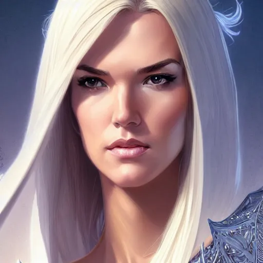 Prompt: Odette Annable with blonde hair as Emma Frost, western, D&D, fantasy, intricate, elegant, highly detailed, digital painting, artstation, concept art, matte, sharp focus, illustration, art by Artgerm and Greg Rutkowski and Alphonse Mucha