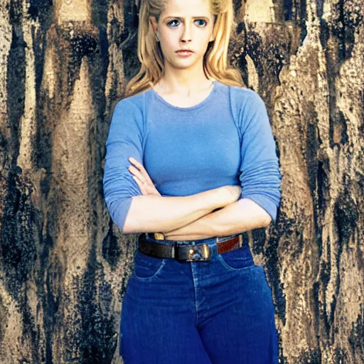 Prompt: sarah michelle gelar, buffy the vampire slayer, beautiful natural light, blue hour, by annie leibowitz