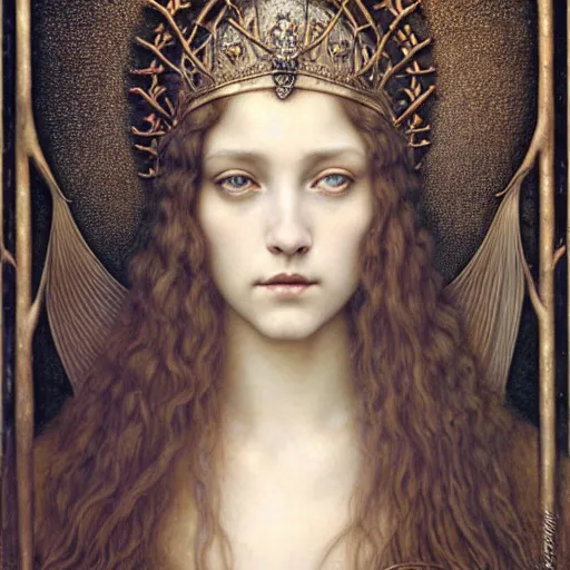 Image similar to detailed realistic beautiful young medieval queen face portrait by jean delville, tom bagshaw, brooke shaden, gustave dore and marco mazzoni, art nouveau, symbolist, visionary, gothic, pre - raphaelite, ornate gilded medieval icon, surreality, ethereal, unearthly, haunting, celestial, neo - gothic, ghostly, memento mori, enigmatic