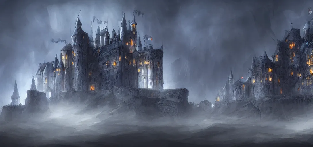 Image similar to A digital concept art painting of a dark blue medieval fantasy european ghotic castle with black brick in desert, 4K UHD image, unreal engine, Graphic Novel, Visual Novel