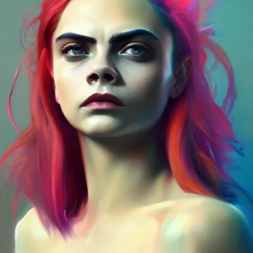 Prompt: cara delevingne, full body colorful oil painting by greg rutkowski, charlie bowater, yuumei, yanjun cheng, unreal 5, daz, hyperrealistic, octane render, rpg portrait, dynamic lighting, fantasy art, beautiful face