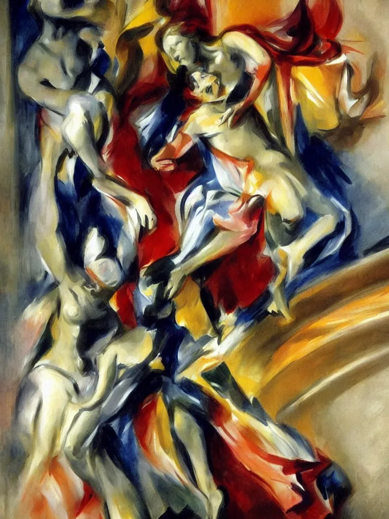 Prompt: Beautiful Futurist Painting of a Classical sculpture of An Elegant Beautiful Society Lady Descending a Staircase painted by John Singer Sargent sculpted by Michelangelo Painted By Marcel Duchamp and Franz Marc in a Futurist style, Bright Intense Colors shocking detail hyperrealistic trending on artstation