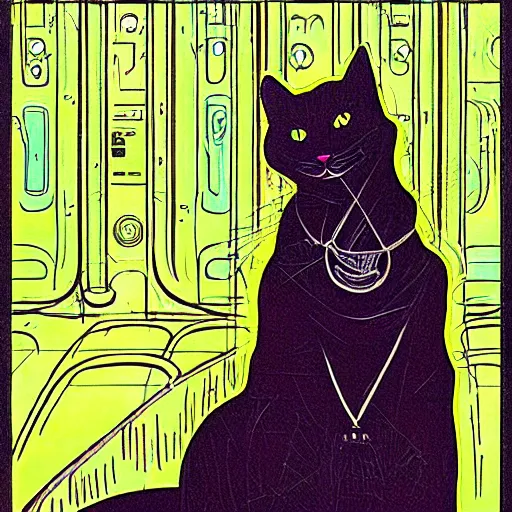 Image similar to an art nouveau cat wearing a hooded cloak, in an elevator with neon panelling, by moebius and james gurney