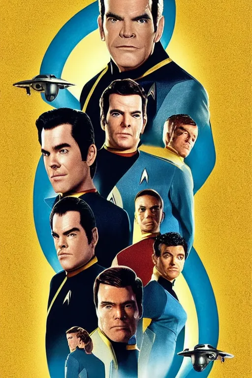 Prompt: movie poster of star trek movie, USS Enterprise NCC-1701-A, Chris Pine, Zachary Quinto, Karl Urban, Zoe Saldana, Simon Pegg, John Cho, Anton Yelchin, directed by Quentin Tarantino, in the style of James Verdesoto and César Moreno, pulp fiction, highly detailed, photorealistic