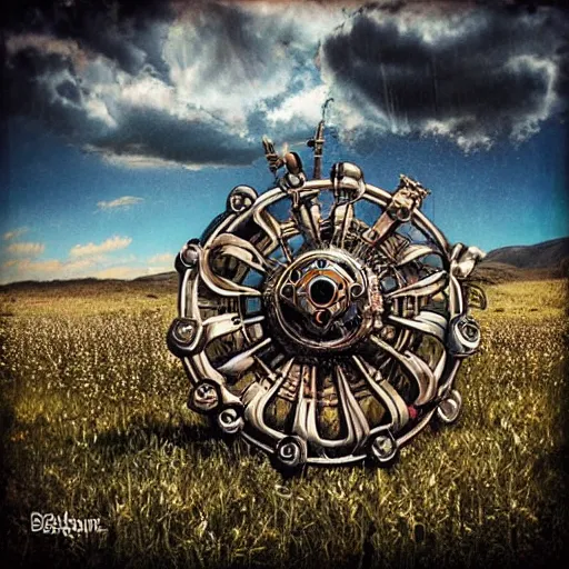 Prompt: giant ring of metal petals, steampunk, fantasy art, sky in the background, detailed, behrens style