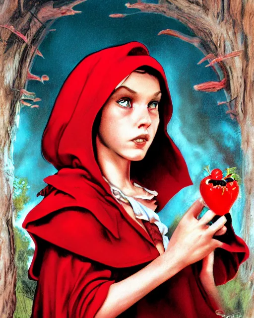 Image similar to little red riding hood, airbrush, drew struzan illustration art, key art, movie poster