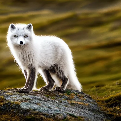 Prompt: a beautiful photo of an arctic fox on mountain hyper realistic natural light concept art cozy atmospheric and cinematic lighting