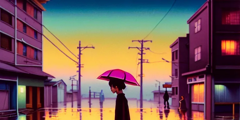 Image similar to an immaculate isometric cinematic keyframe matte painting of the silhouette of a young japanese girl standing in wide wet street 1 9 7 0 s vaporwave rust belt city at dusk with an oversized moon, just after the rain has cleared. by eric lafforgue, glennray tutor and edward hopper, greg rutkowski. trending on artstation.