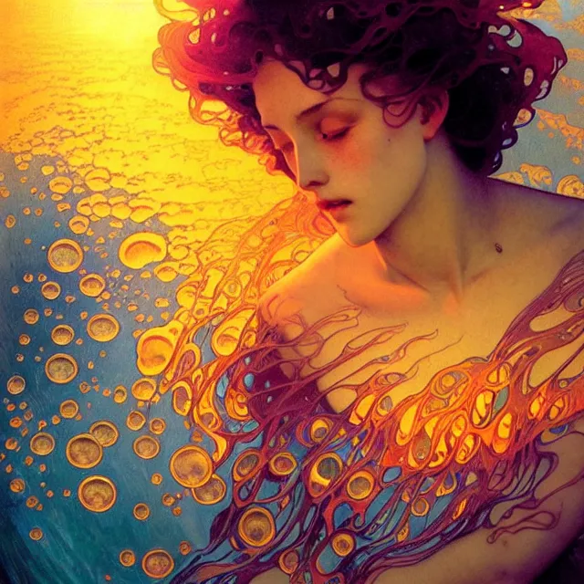 Image similar to transcendent mind bending indigo waves of glossy psychedelic liquid honey flowing like kaleidoscopic translucent amber, lsd waves, honey ripples, enlightenment, dramatic professional lighting, refracted sunset lighting, art by collier, albert aublet, krenz cushart, artem demura, alphonse mucha