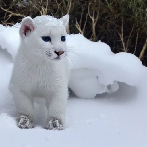 Prompt: a baby white panther playing in the snow, cutest award winning picture