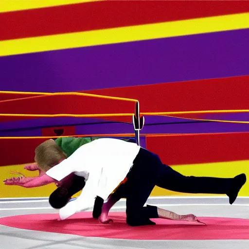 Image similar to donald trump wrestling vladimir putin, wrestling ring, vivid, colorful