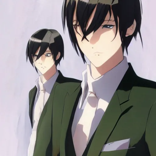 Prompt: full body portrait character concept art, anime key visual of decadent green long straight hair young anime male in black suit, green long straight hair and brown eyes, finely detailed perfect face studio lighting delicate features directed gaze, gapmoe kuudere grimdark, trending on pixiv fanbox, painted by greg rutkowski makoto shinkai takashi takeuchi studio ghibli