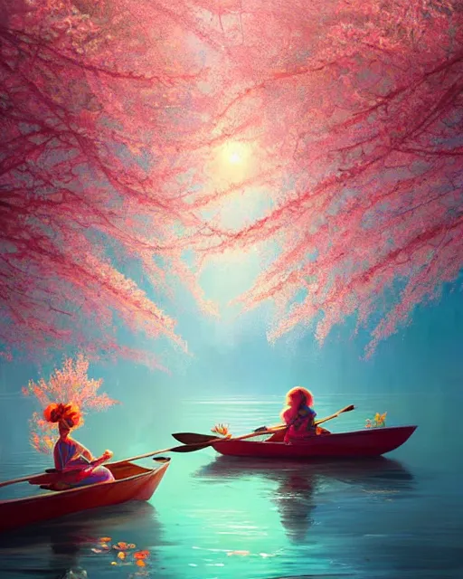 Image similar to a couple in a rowboat traveling down the river | cherry - blossoms | highly detailed | very intricate | serene romantic fantasy whimsical magical | soft bright natural morning light | pixar | award - winning | matte painting by anton fadeev and paul lehr and rhads and alena aenami | pastel color palette | featured on artstation