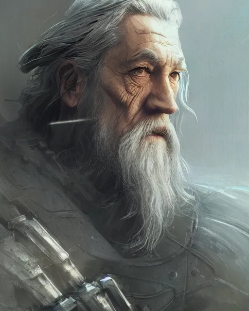 Image similar to gandalf with cybernetic enhancements, android, detailed face, scifi character portrait by greg rutkowski, esuthio, craig mullins, 1 / 4 headshot, cinematic lighting, dystopian scifi gear, gloomy, profile picture, mechanical, half robot, implants, steampunk