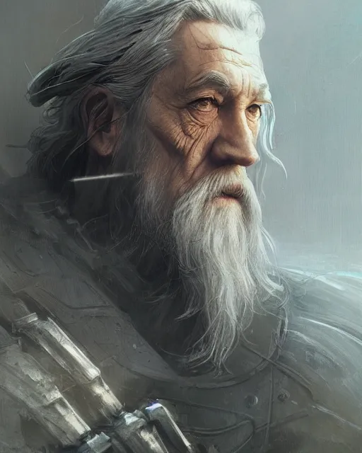 Prompt: gandalf with cybernetic enhancements, android, detailed face, scifi character portrait by greg rutkowski, esuthio, craig mullins, 1 / 4 headshot, cinematic lighting, dystopian scifi gear, gloomy, profile picture, mechanical, half robot, implants, steampunk