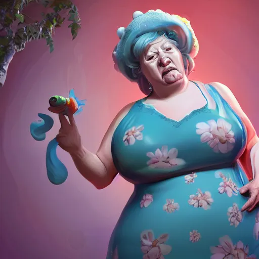 Image similar to of a very funny scene. ambient occlusion render. a sweet fat old woman is giving a birth to a huge colorful fish. flowery dress. mirror. symmetrical face, red mouth, blue eyes. deep focus, lovely scene. ambient occlusion render. concept art. unreal engine.