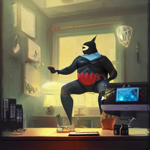 Image similar to a insanely detailed painting of a fat masked superhero wearing a costume sitting at a desk, staring at the nervously at the computer typing, in the style of peter mohrbacher, dramatic lighting and composition, trending on artstation, concept art, comic book