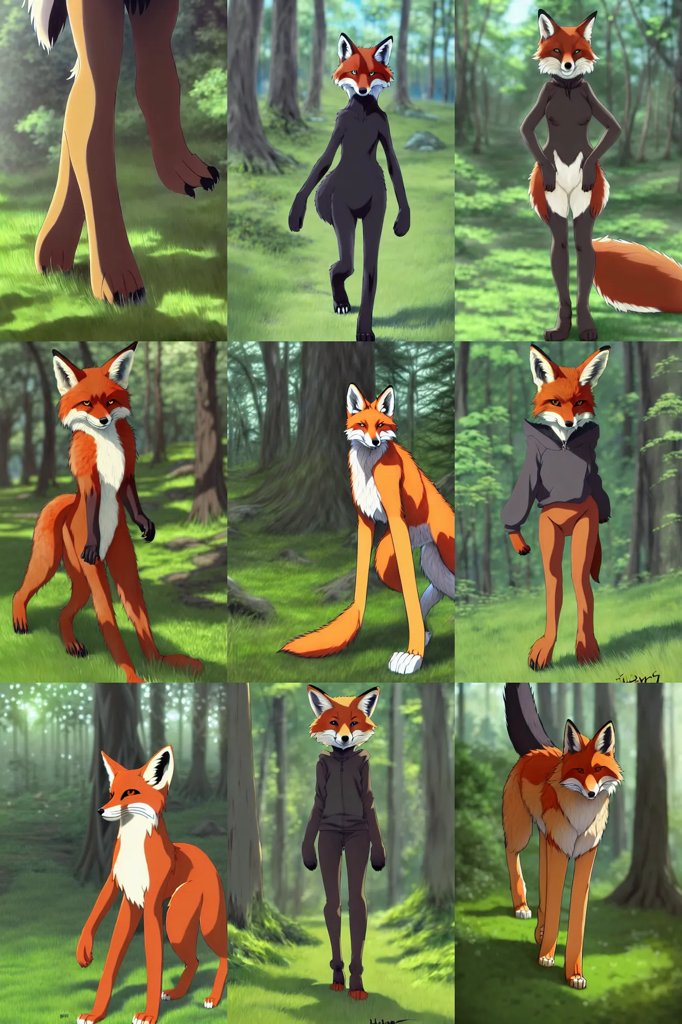 Prompt: furry!!!! art, anthro digitigrade!!!! natural - colored ( ( fox ) ) with black paws, walking upright in a forest, fursona commission, photorealistic, extremely detailed, anime key visual, pixiv, makoto shinkai, hibbary, dark natasha, goldenwolf, furaffinity, portrait