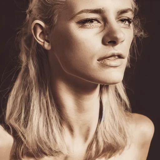 Prompt: vintage photograph of an olive skinned blonde female model in her twenties, her hair pinned up, wearing a designer top, looking content, focused on her neck, photo realistic, extreme detail skin, natural beauty, no filter, slr, golden hour, 8 k, high definition, selfie