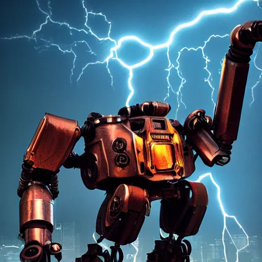 Prompt: big mech summoning lightning with its electricity coil arm, 3 d render, unity, steampunk, cyberpunk, plain background, extremely detailed, intense, epic, cinematic lighting, copper, pipes, metal, rusty, glowing electric, reflective, hdr,