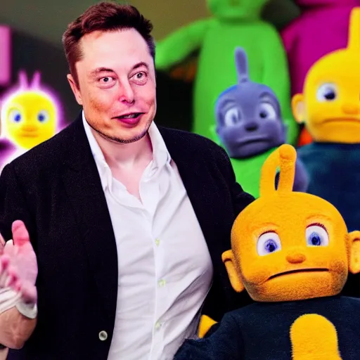 Image similar to elon musk with teletubbies, playing chess