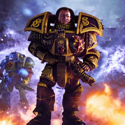 Image similar to nigel farage as a space marine in warhammer space marine splash art, movie still, cinematic lighting, dramatic, octane render, long lens, shallow depth of field, bokeh, anamorphic lens flare, 8 k, hyper detailed, 3 5 mm film grain