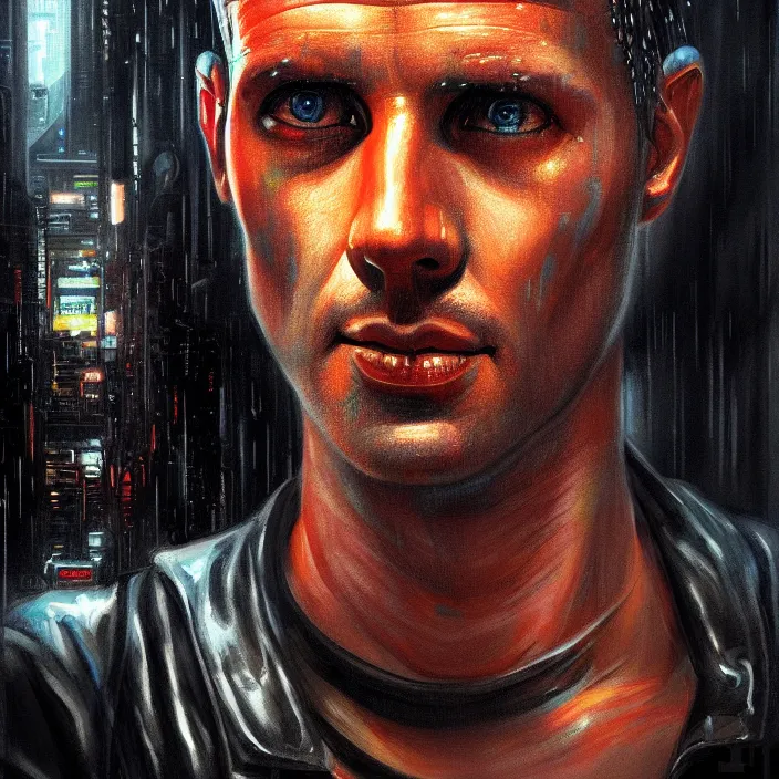 Image similar to excellent painted portrait of a replicant construction worker from blade runner (1982), cyberpunk blade runner art, character artwork, 8k resolution artwork, trending on artstation, detailed digital oil painting portrait