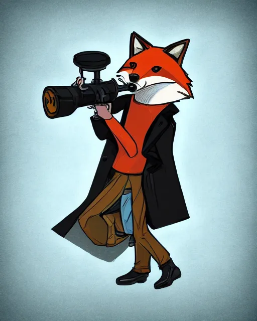 Image similar to a fox wearing a black trench - coat holding a mini - gun, comic art style, digital art,