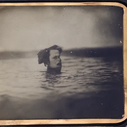 Image similar to tintype photo, swimming deep underwater, sunken ship