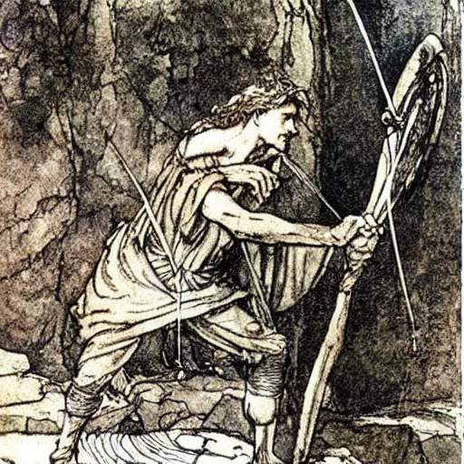 Image similar to Odysseus strings his bow, illustrated by Arthur Rackham