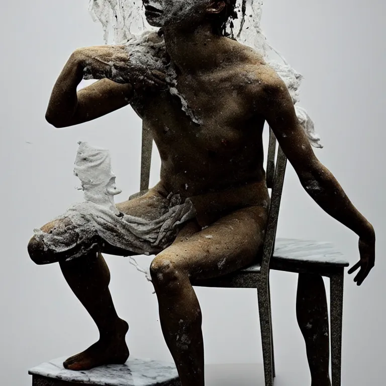 Prompt: a sculpture of a person sitting on top of a chair, a white marble sculpture by nicola samori, behance, neo - expressionism, marble sculpture, apocalypse art, made of mist