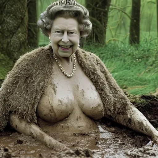 Prompt: queen elizabeth taking a mud bath in shreks swamp, professional photograph, highly detailed,