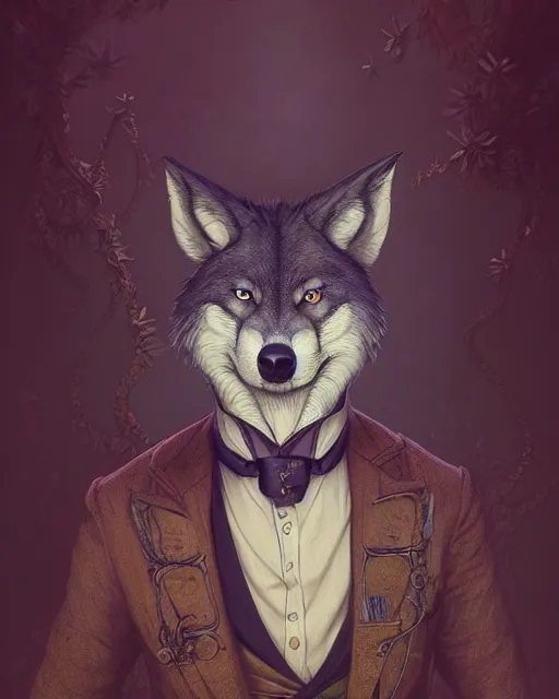 Image similar to anthropomorphic art of a detective wolf, victorian inspired clothing by artgerm, victo ngai, ryohei hase, artstation. fractal paper, leaves. highly detailed digital painting, smooth, global illumination, fantasy art by greg rutkowsky, karl spitzweg