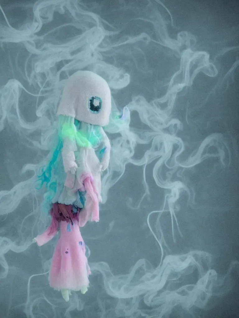 Image similar to cute fumo plush smiling ectoplasmic jellyfish ghost girl waving in deep fog over mysterious waters, patchwork doll chibi gothic maiden in tattered melting rags, glowing pink wisps of hazy green smoke and eerie blue volumetric fog swirling about, moonlight, glowing lens flare, black and white, vray