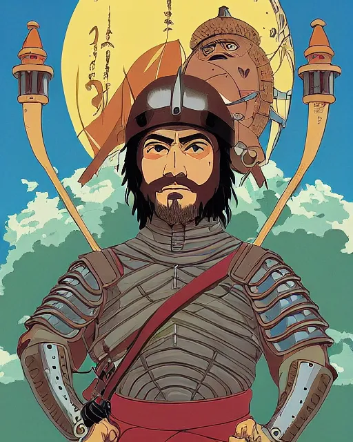 Image similar to portrait of barbaric spanish conquistador, symmetrical, by yoichi hatakenaka, studio ghibli and dan mumford