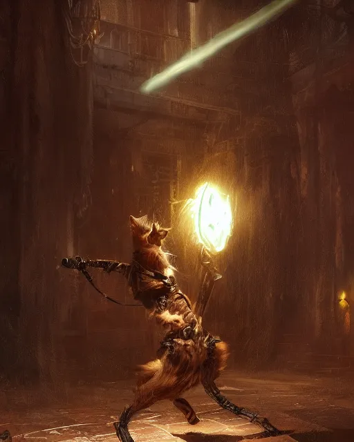 Image similar to a humanoid cat with a sword, Atmospheric beautiful by Eddie mendoza and Craig Mullins. volumetric lights volumetric lights, 8k, hd