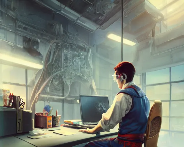 Prompt: an insanely detailed painting of a nerdy asian man wearing a superhero costume, sitting at a desk, staring at the nervously at the computer and typing, in the style of peter mohrbacher, dramatic lighting and composition, octane render, pixar, trending on artstation, concept art, comic book, view from behind