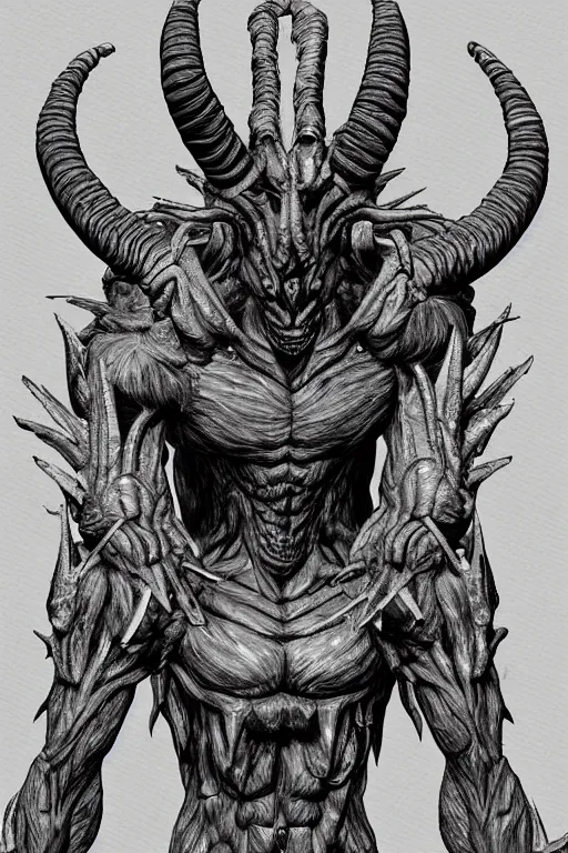 Image similar to humanoid figure monster with goat horns, highly detailed, digital art, sharp focus, trending on art station, kentaro miura manga art style
