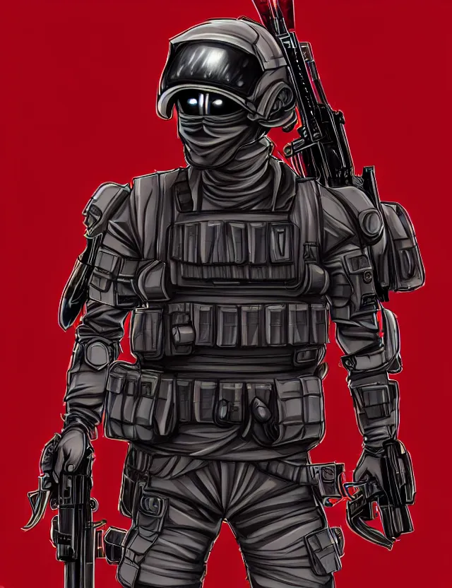 Prompt: a detailed manga illustration of a masked special forces soldier wearing dark red advanced demon - resistant cyborg tactical gear, trending on artstation, digital art, 4 k resolution, detailed, high quality, sharp focus, hq artwork, coherent, insane detail, character portrait