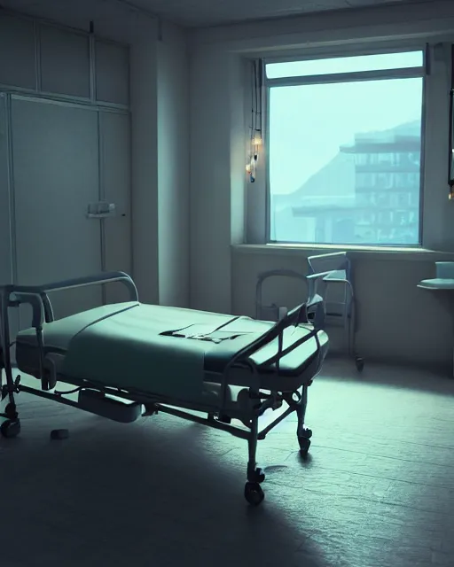 Prompt: artstation scifi scene of a old chinese hospital ward, a bunch of light on a business card, bed, wheelchair, window, bedside table, paneled walls, unreal engine 5, hyper realism, realistic shading, cinematic composition, blender render, octane render, hdr, detailed textures, photorealistic, wide shot