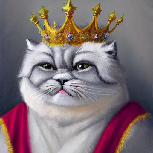 Image similar to anthromorphic fluffy himalayan cat dressed in queen robe and crown, detailed 4 k oil painting